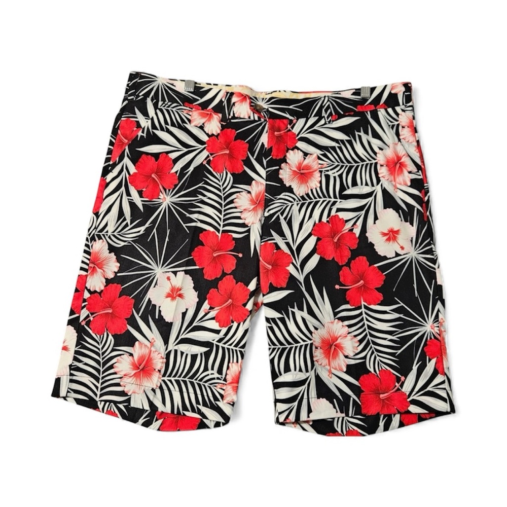Loudmouth Golf Shorts Men 36X11 Floral Red Black White Hawaiian Preppy Chino EUC